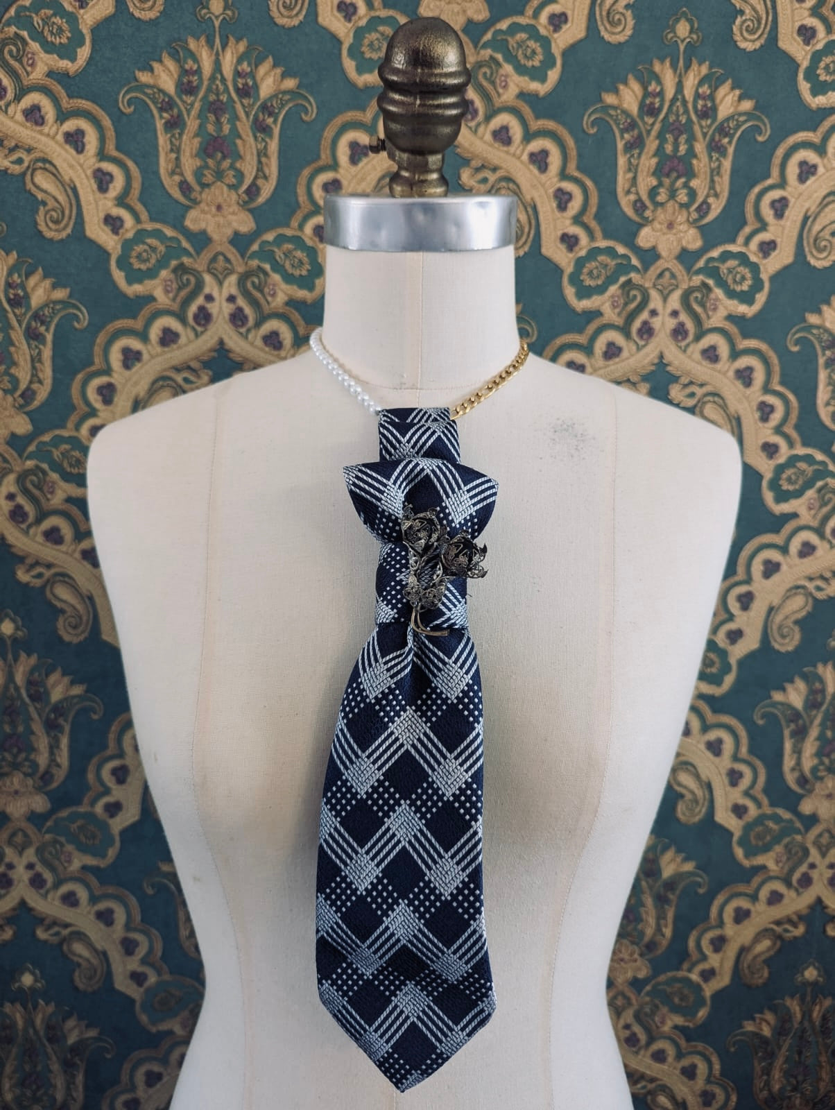 Broochella Montecristo Tie brooch pin handmade luxury designer men's women's upcycled vintage embellishment blue white check flower 