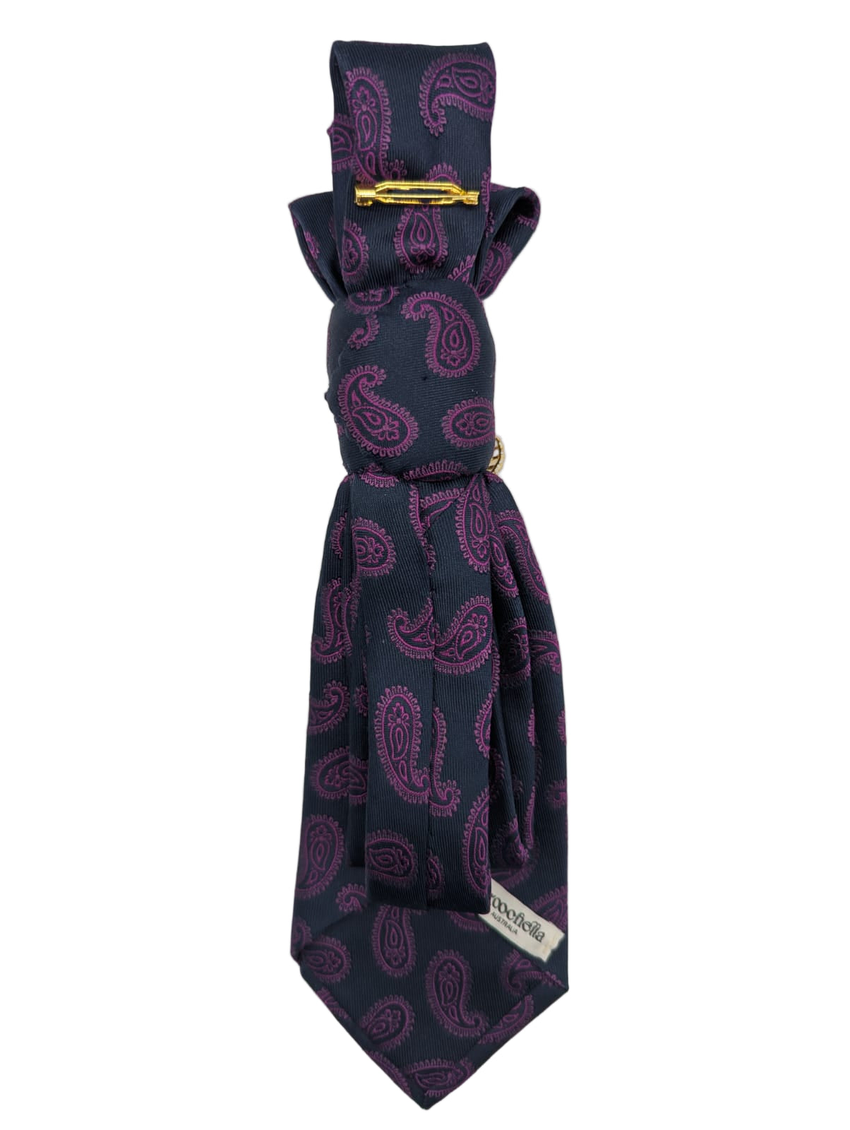 Broochella Montecristo tie brooch pin handmade luxury designer upcycled men's women's navy purple pink paisley vintage embellishment