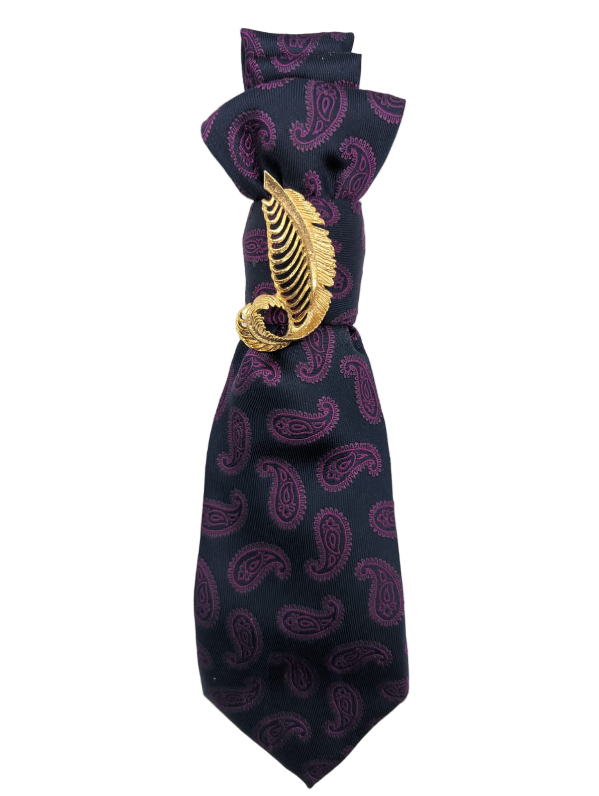 Broochella Montecristo Tie brooch pin handmade luxury designer men's women's upcycled vintage embellishment navy puple pink paisley gold leaf