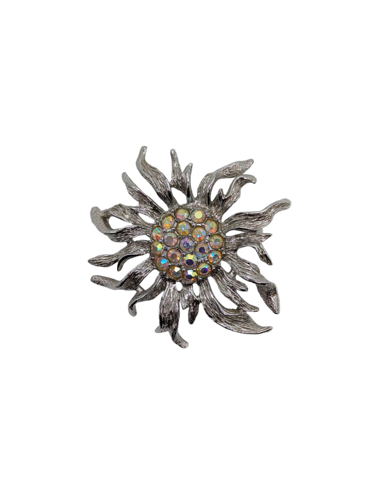Broochella Aurora Sunburst Brooch Pin by Sarah Coventry Silver crystal centre men's women's luxury designer 