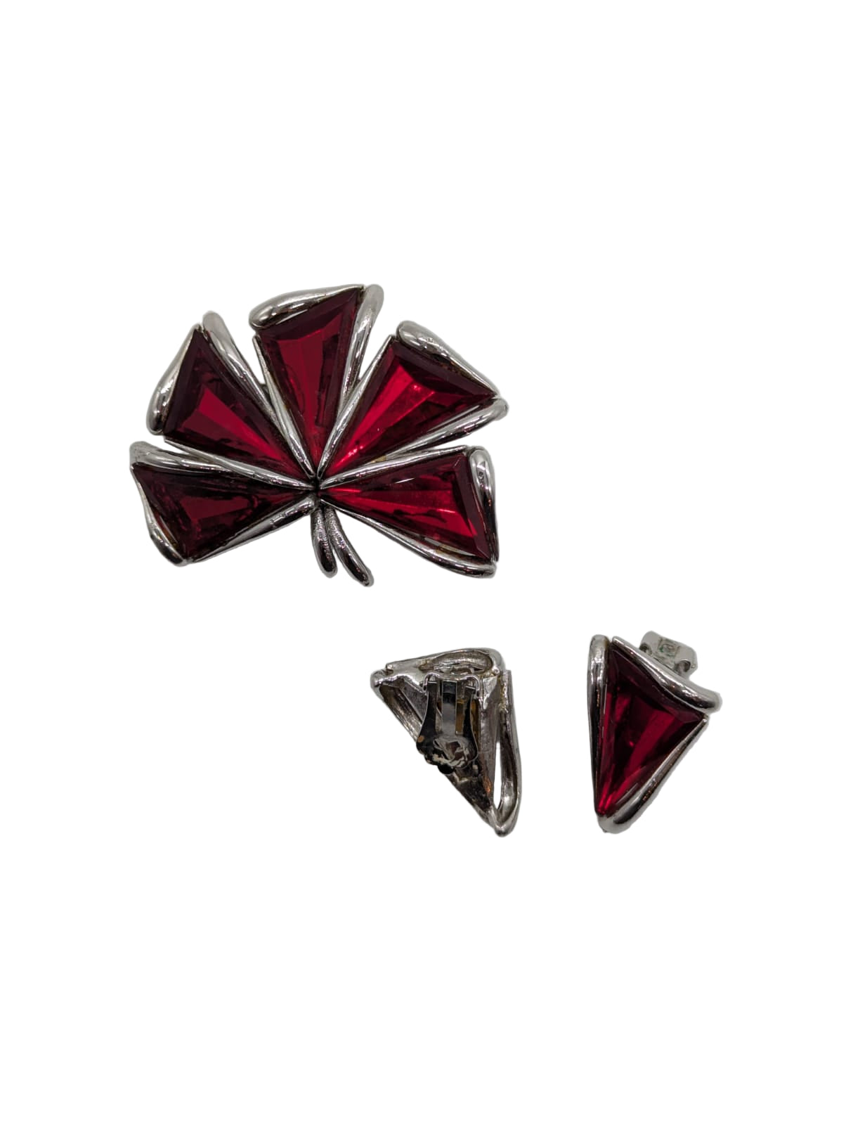 Broochella Fiore Rosso Brooch Pin Clip-on Earrings Silver metal red crystal vintage men's women's luxury designer