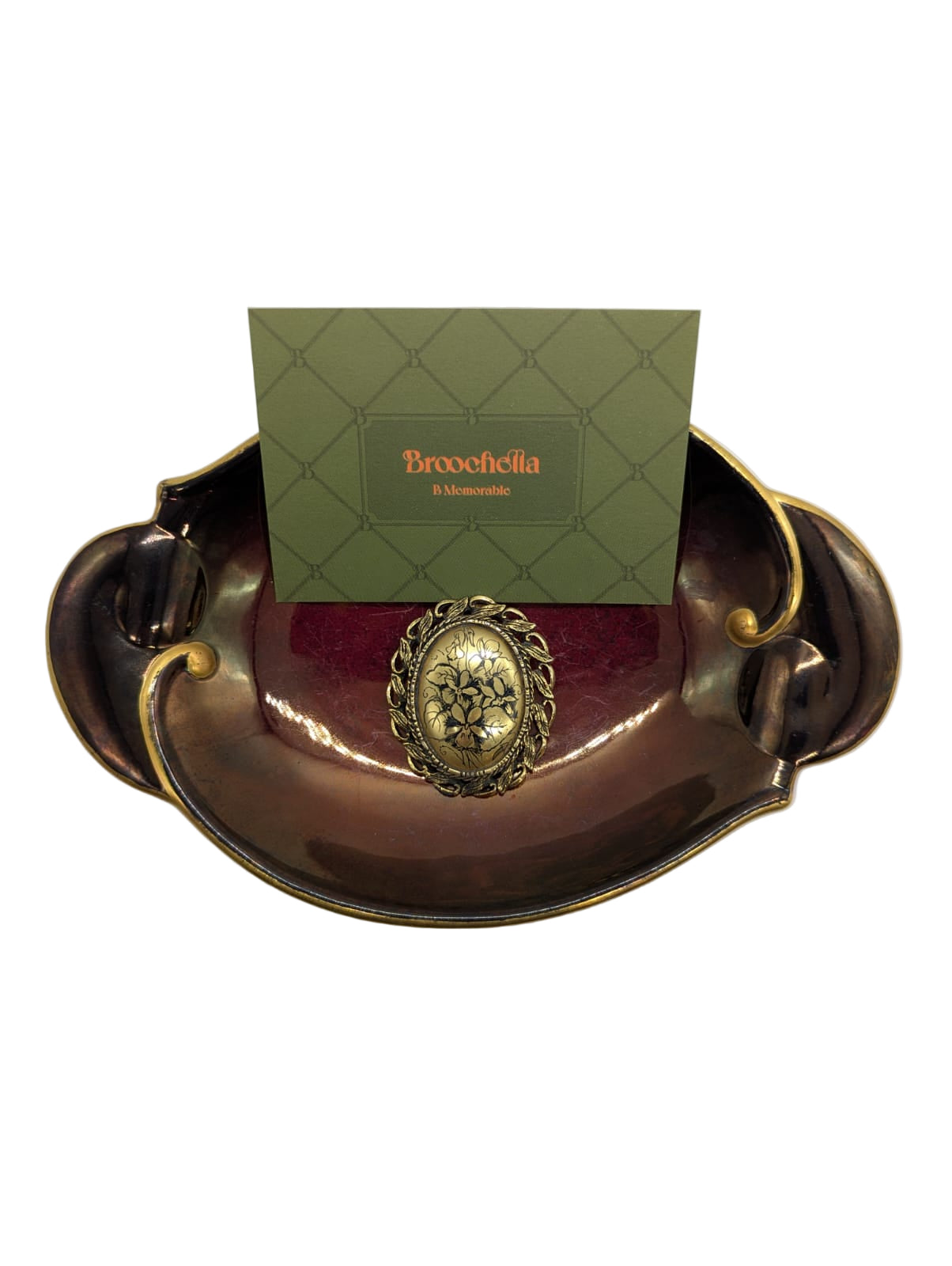 Broochella Fior d’Oro vintage brooch pin gold tone metal black etched flower design men's women's luxury designer