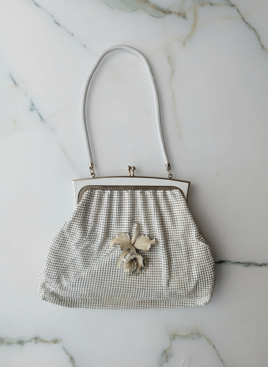 Broochella Maison Broche- L’Orchidée Blanche Bag white vintage mesh bag flower crystal brooch embellishment upcycled designer luxury