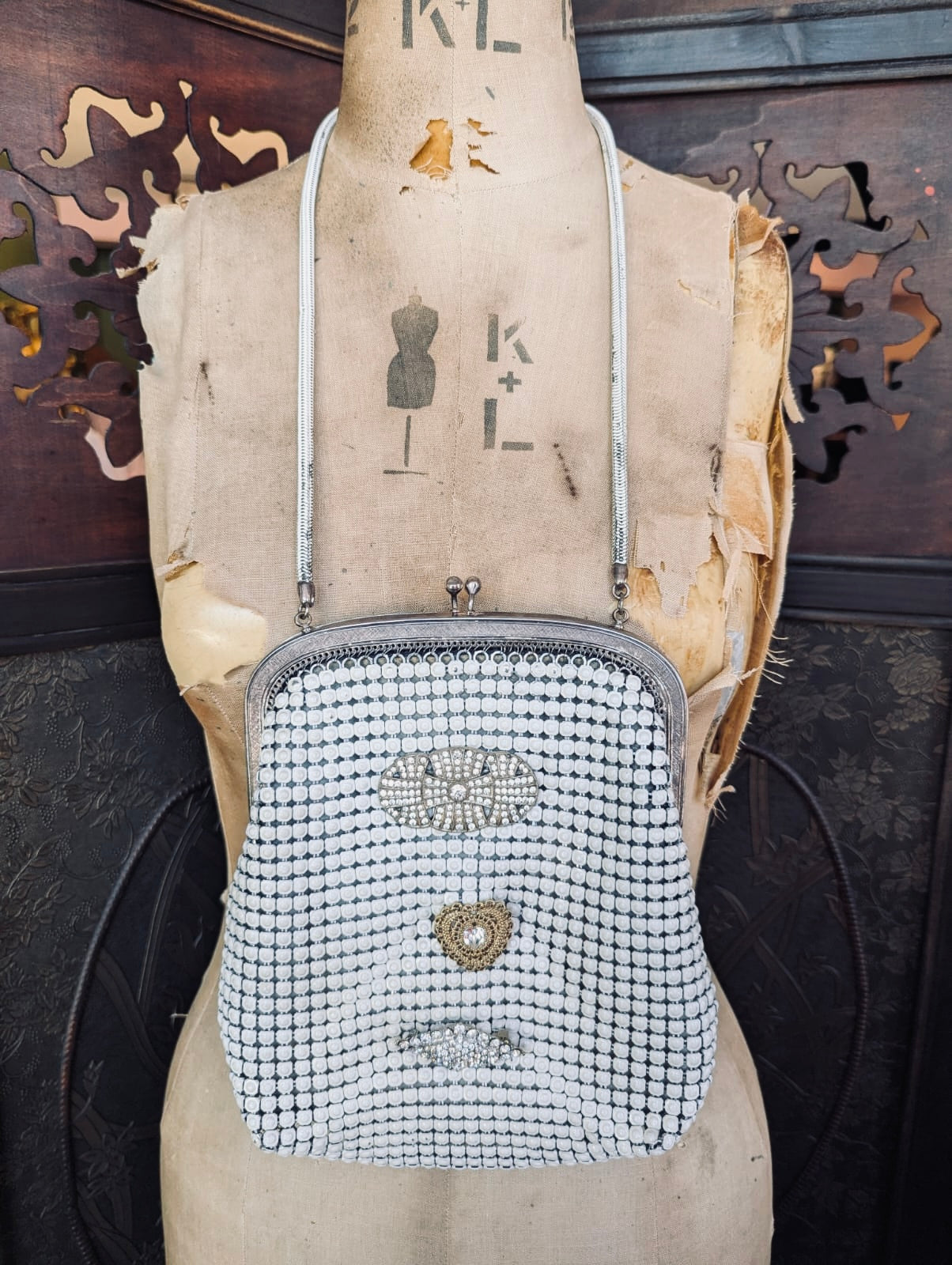 Broochella Maison Broche Bag-Le Bijou du Soir White vintage mesh handbag brooch embellishment women's luxury designer