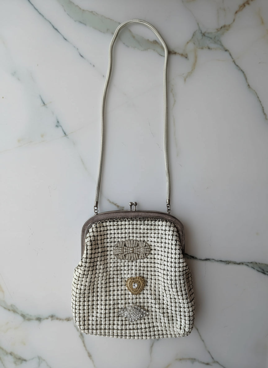 Broochella Maison Broche Bag-Le Bijou du Soir White vintage mesh handbag brooch embellishment women's luxury designer