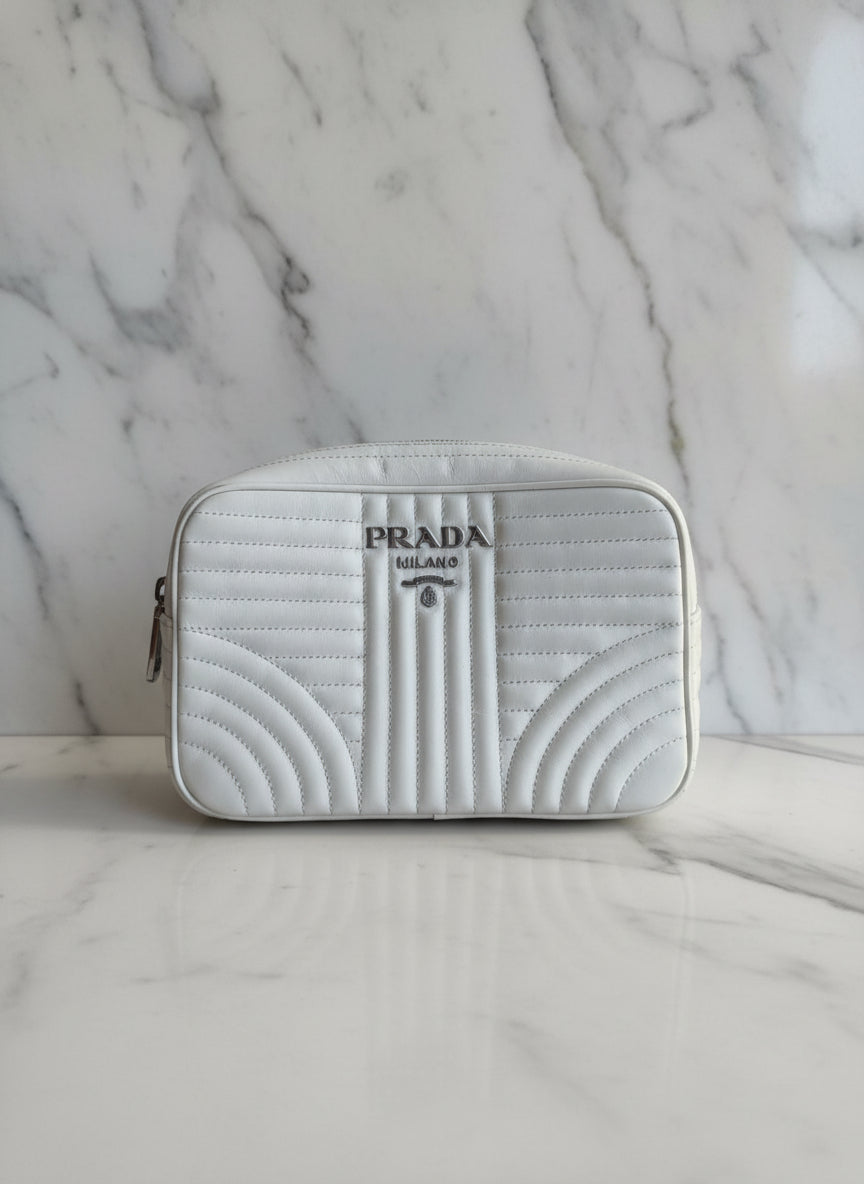 Prada white leather camera bag pursesilver metal strap luxury designer
