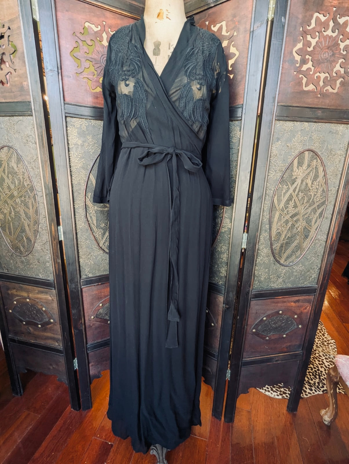 NÜ Denmark Black Sheer Embroidered Maxi Wrap Dress – Size Small