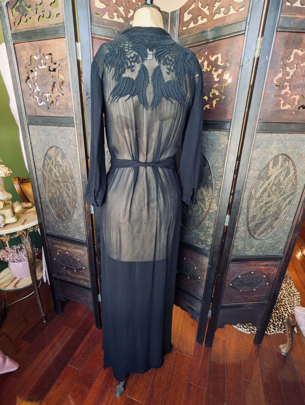 NÜ Denmark Black Sheer Embroidered Maxi Wrap Dress – Size Small