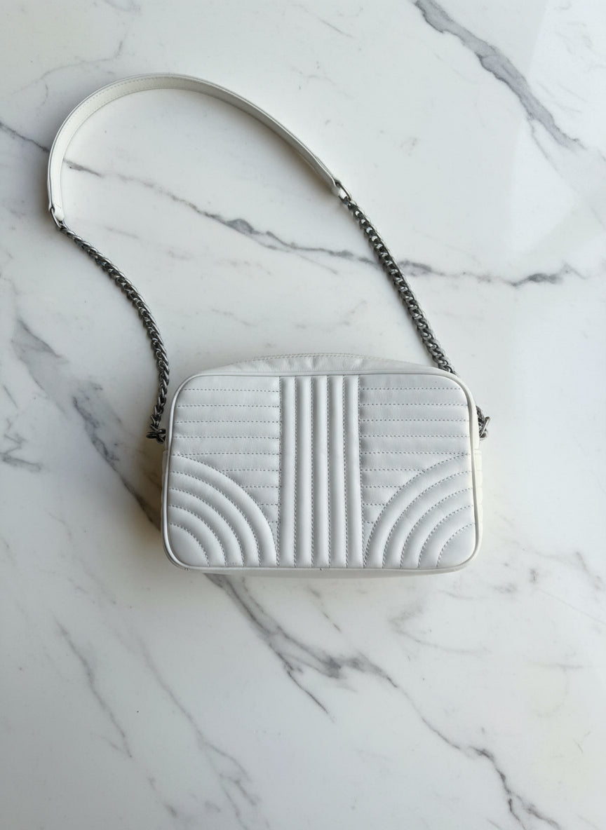 Prada white leather camera bag pursesilver metal strap luxury designer