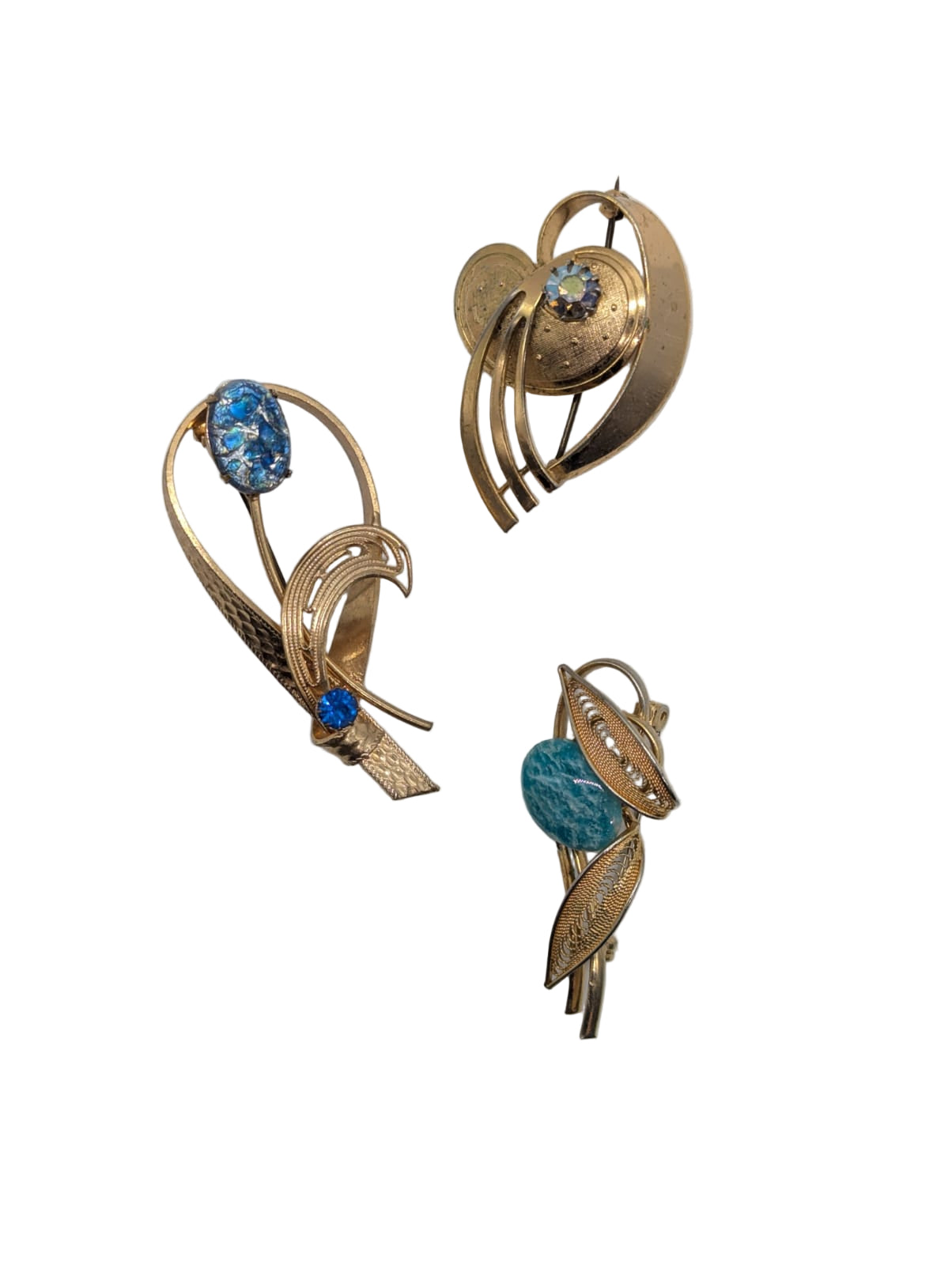 Broochella Le Sirene Blu Vintage Brooch Pin Trio Gold tone metal blue stones Collectable designer luxury men's women's 