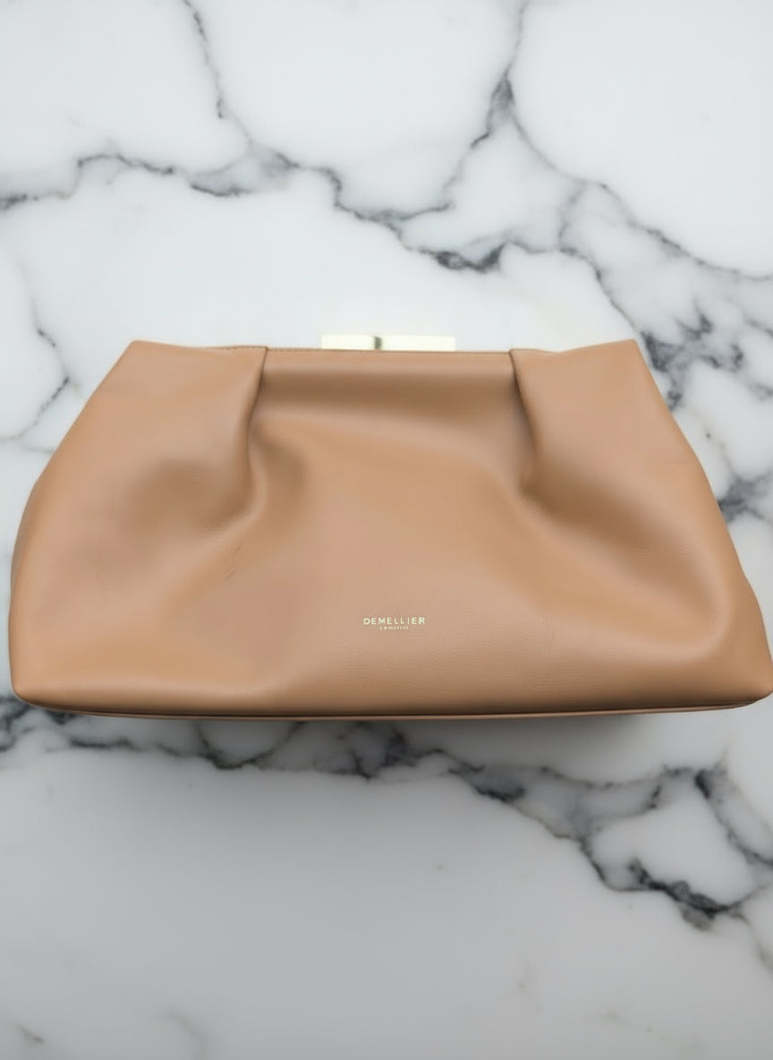 DeMellier brown letahe bag purse clutch gold metal chain luxury designer 