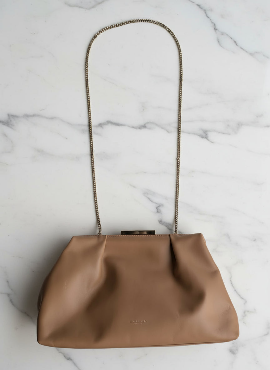 DeMellier brown letahe bag purse clutch gold metal chain luxury designer 