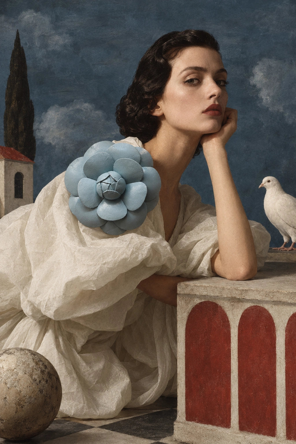 A woman in a flowing white dress reclines beside a stone structure under a blue sky, with a Broochella mint camelia leather  sculptural flower brooch, a white dove, and a dark tree in the background.