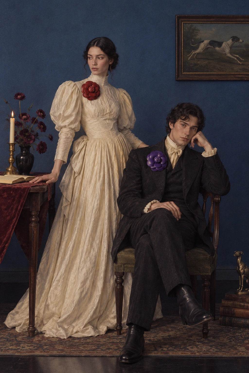 A Victorian-era portrait scene showing a woman in a cream dress with Broochella Camelia red leather flower broochstanding beside a man in a dark suit with a Broochella purple camelia brooch, set against a dark blue wall with a framed painting in the background.