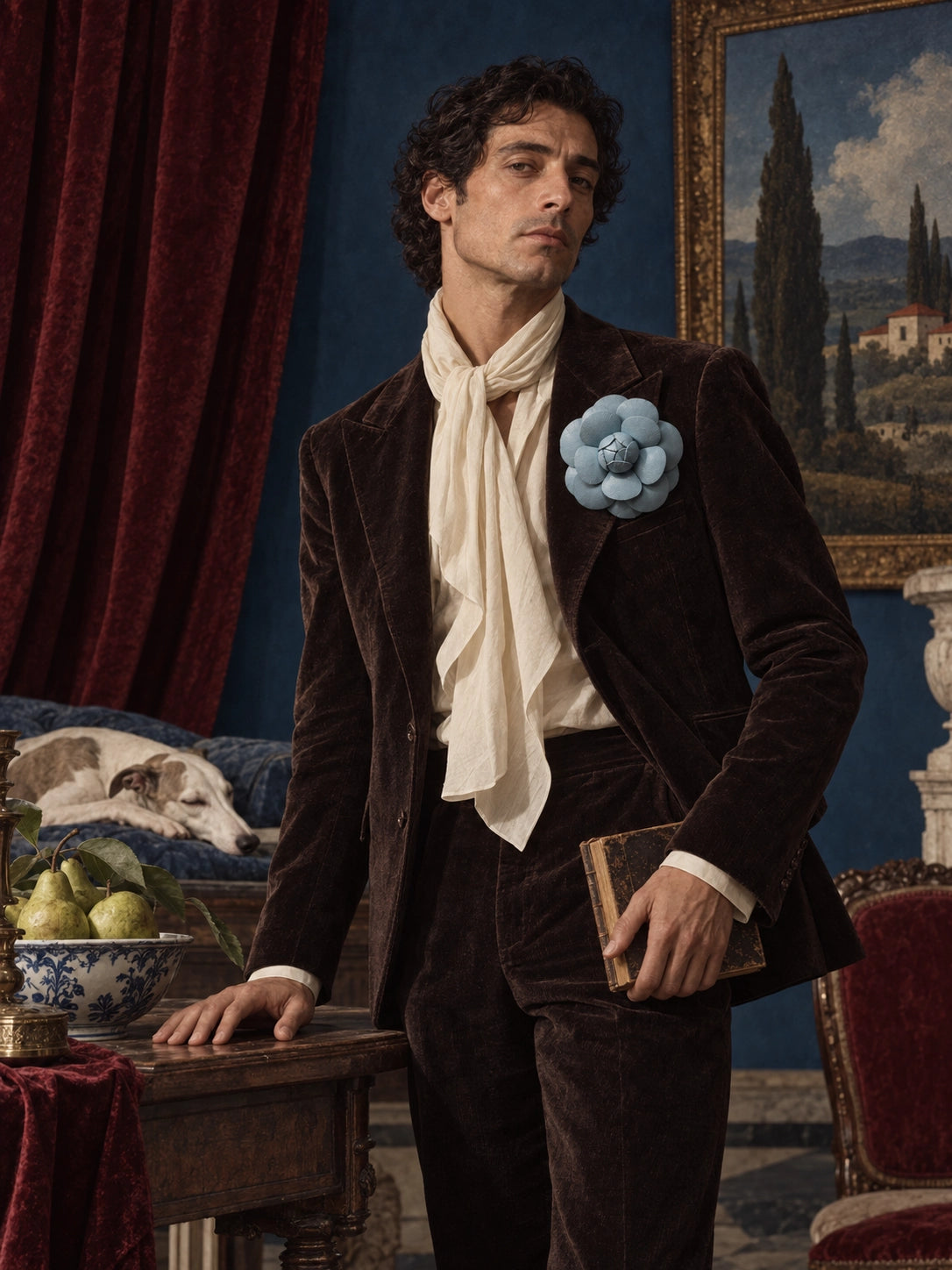 A man stands in an ornate room wearing a dark brown velvet jacket and matching trousers, with a cream cravat and a Broochella grey camelia flower brooch. A painting, red curtains, and a bed with a dog are visible in the background.