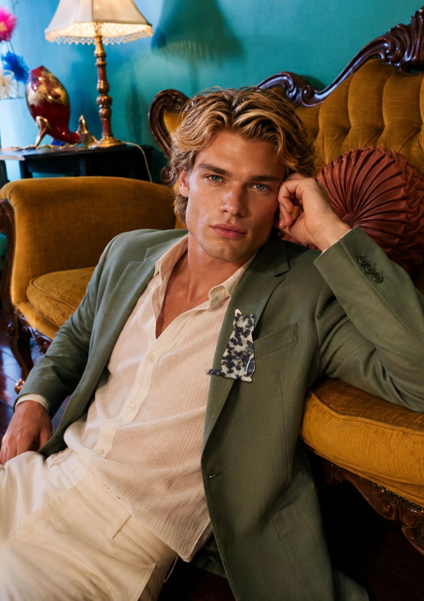 A man with blonde hair is sitting on the floor of the Broochella studio. Behind him is a mustard velvet couch and a green wall. He is wearing a green blazer and a cream shirt and cream trousers. Pinned to his chest is the Broochella Men's Animalia cat brooch in beige tortoiseshell acetate. 