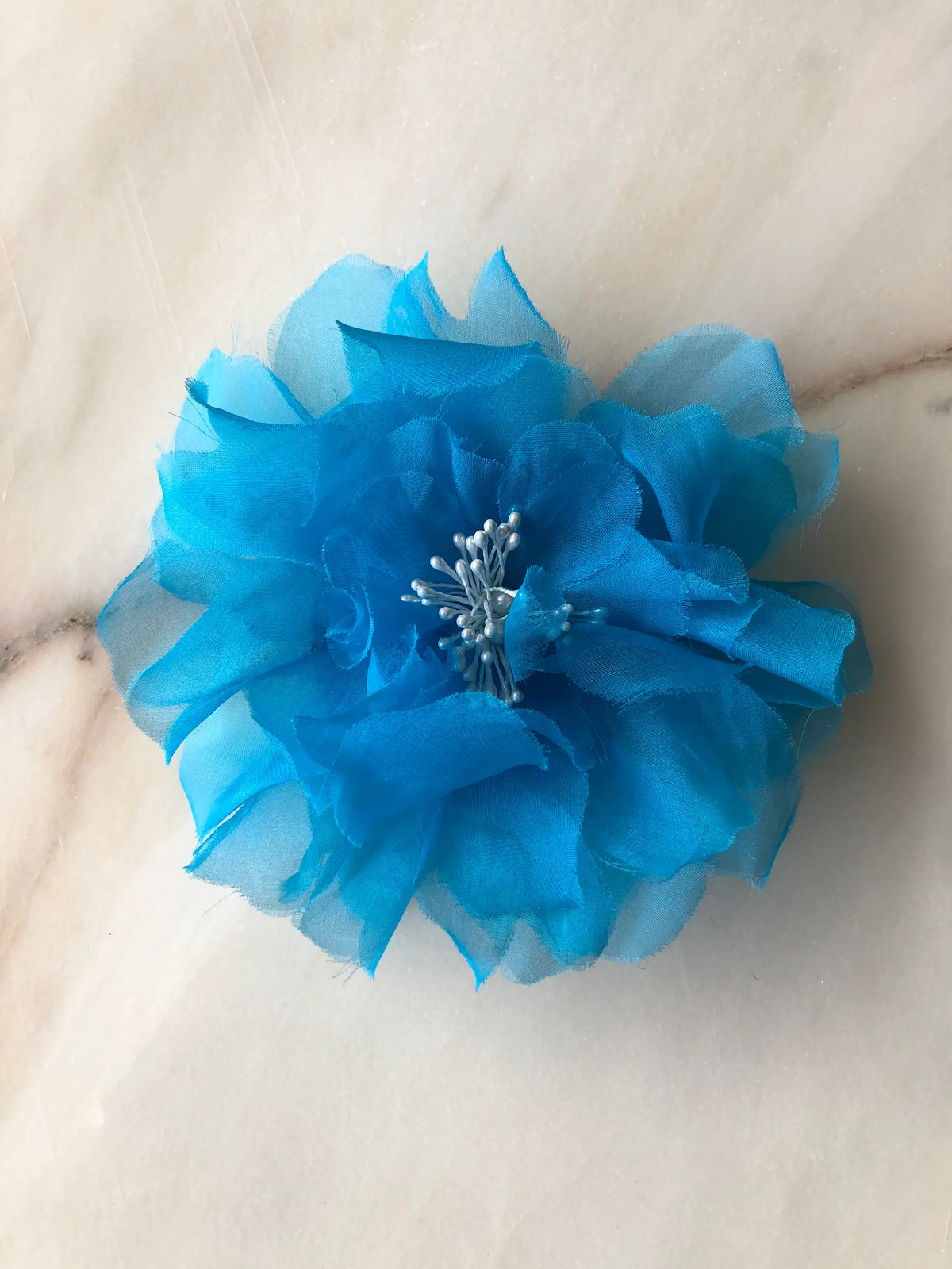 Broochella Poochella Aubrieta blue pet flower with voluminous turquoise sheer petals and white pearl-like stamens, photographed from above on a cream marble background with subtle grey veining.