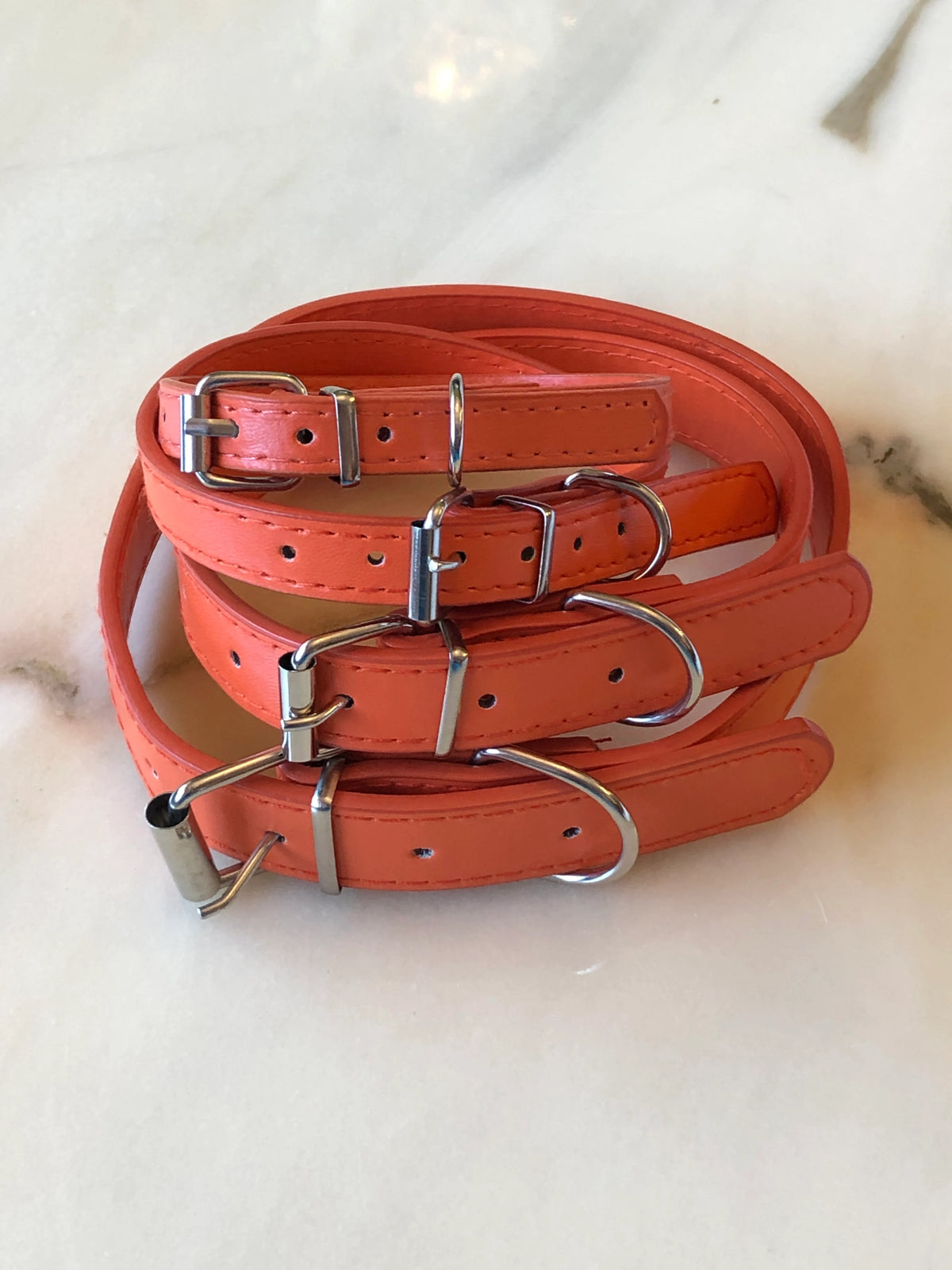 Broochella Poochella coral orange adjustable dog collar featuring silver-tone metal buckles, D-rings, stitched detailing and multiple adjustment holes.
