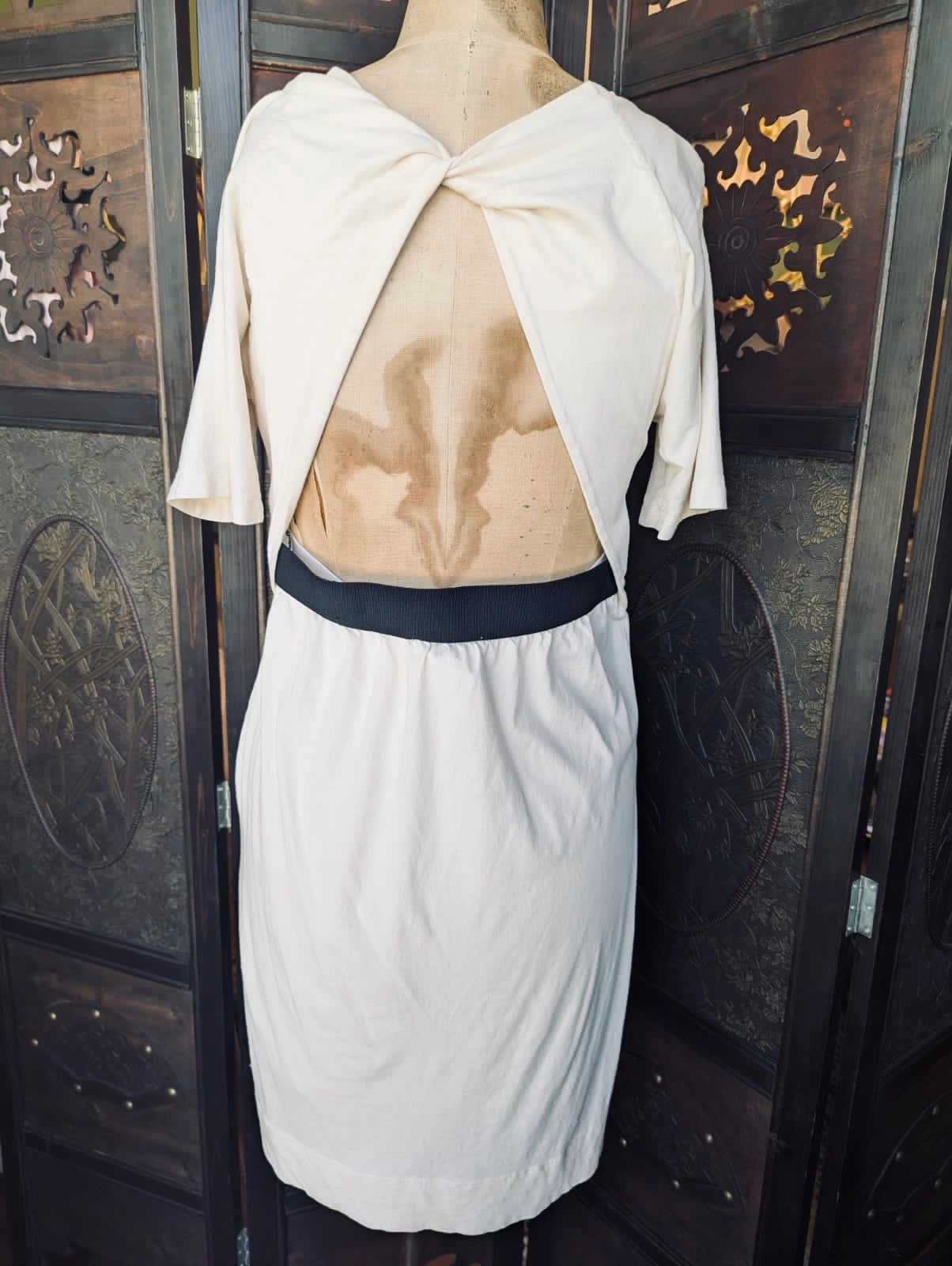 The back view of a Broochella See By Chloe short-sleeve scoop-neck t-shirt dress displayed on a mannequin torso, featuring a large palm tree graphic in shades of grey, blue, and green over a light pink and off-white base, set against a dark carved wooden screen.