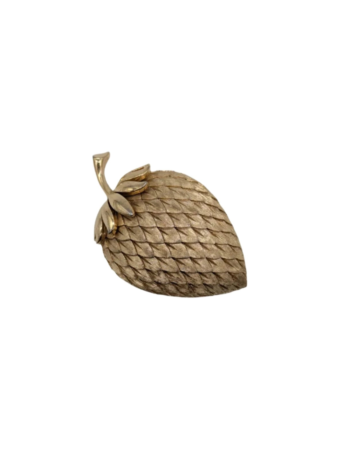 Broochella Trifari vintage gold tone metal figural strawberry brooch. Pictured on a white background