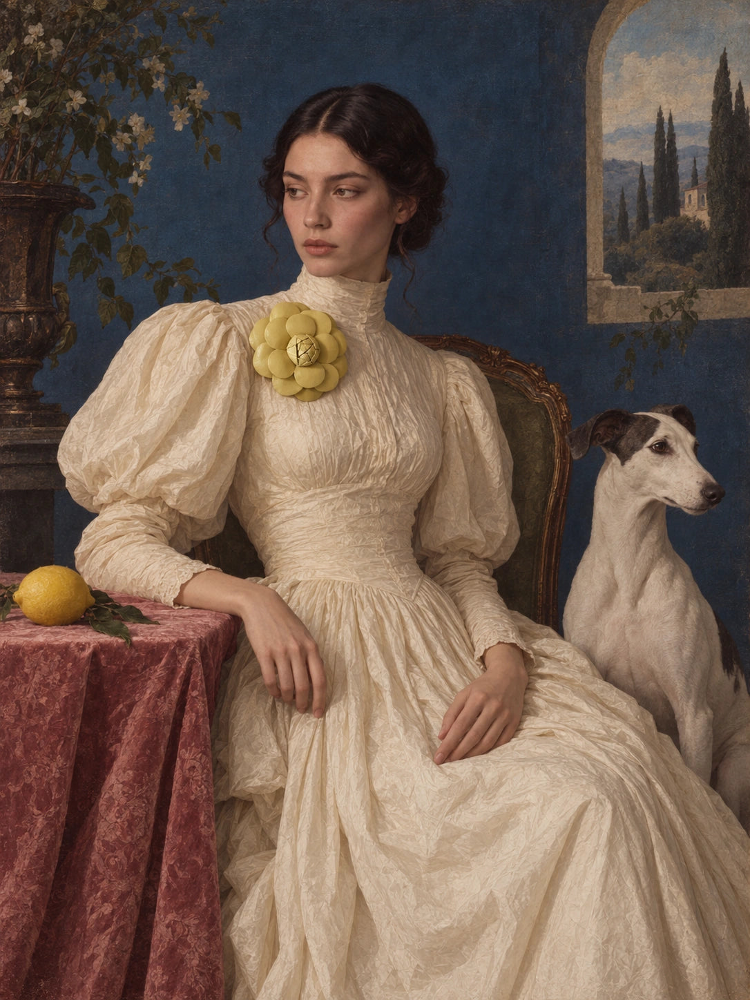 A classical-style portrait painting of a young woman in a cream high-neck gown with a large  Broochella yellow camelia flower brooch at the chest, seated beside a table with a lemon and a white dog, against a deep blue wall with a landscape window view.