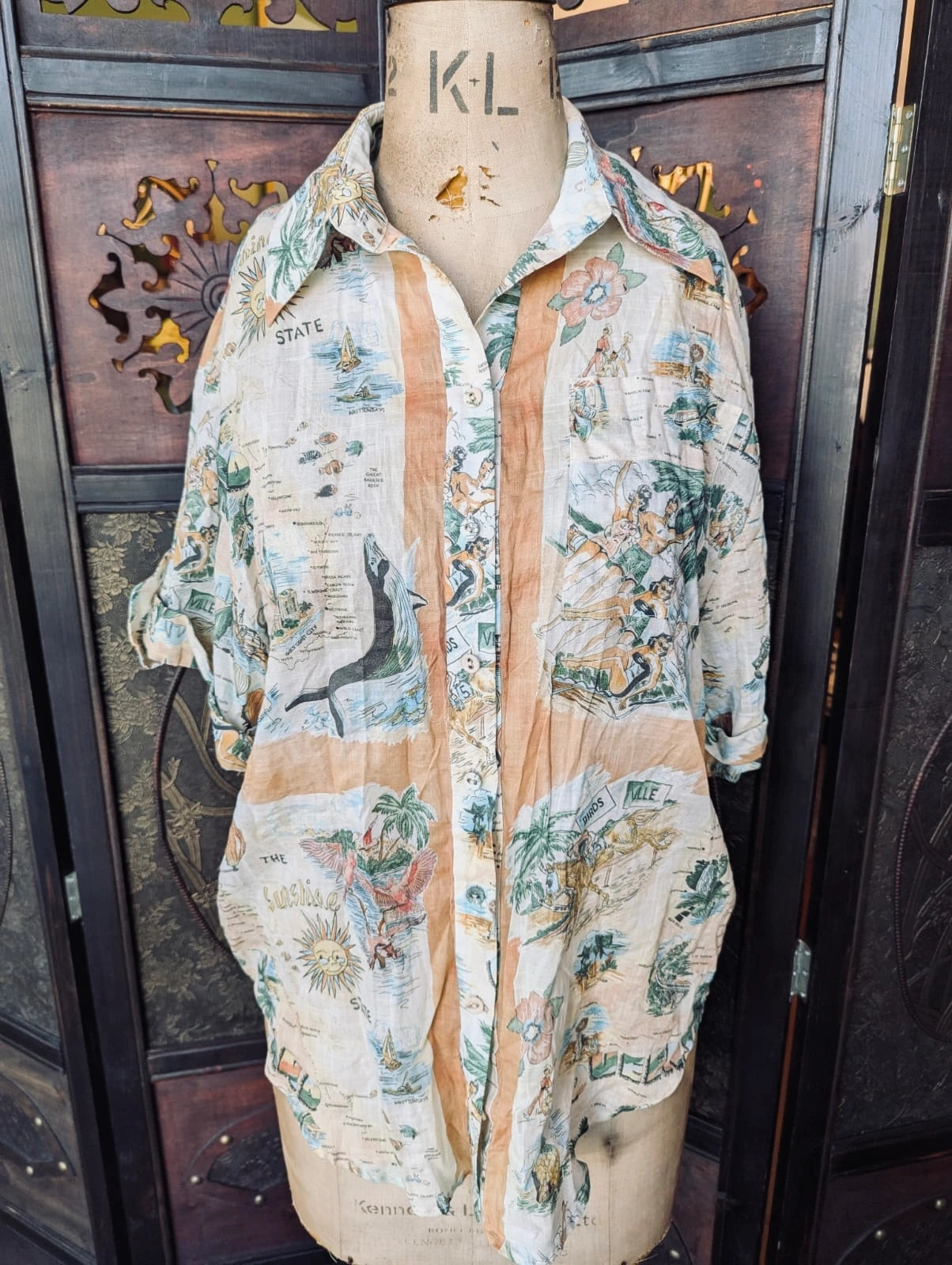 Zimmermann Printed Cotton Shirt – Size 0. Pictured on vintage mannequin. The background is an ornate dark wood room divider.
